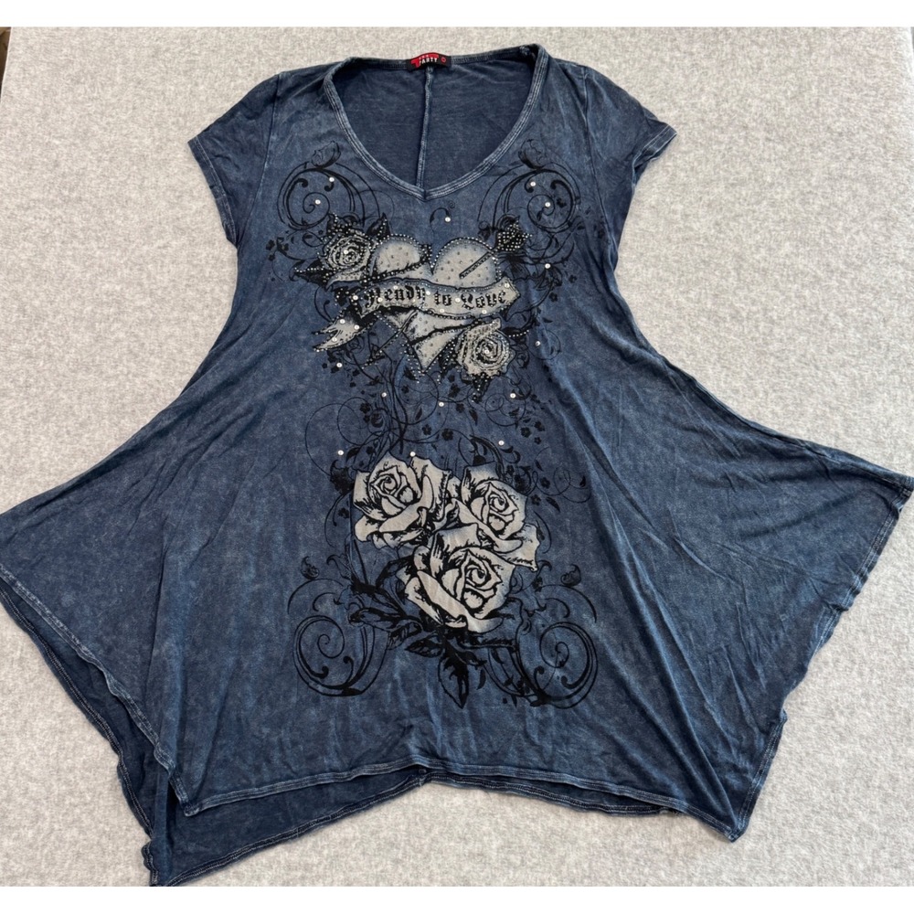 Y2K Party Womens Blue Acid Wash Rhinestone Rose Heart Tunic Top Medium Grunge